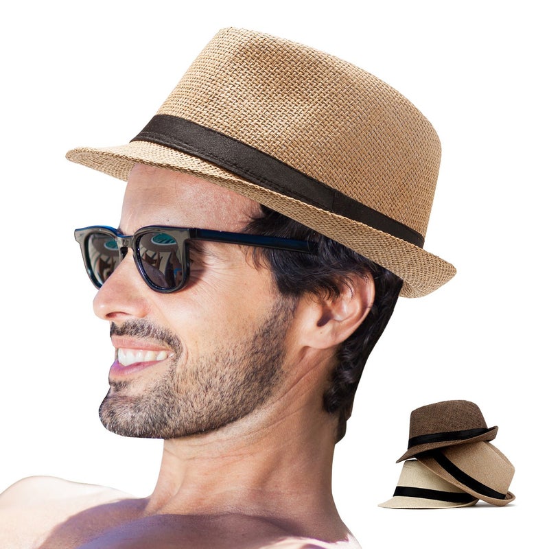 LADYBRO Fedora Hat Mens Trilby Straw Sunhat Panama Cuban Party 1920s Short Brim Summer Pack of 3(Beige,Coffee,Khaki) - Image 1